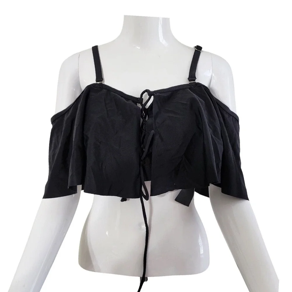 Daci Womens Plus Size XL Black Ruffle Off the Shoulder Lace Up Bikini Swim Top